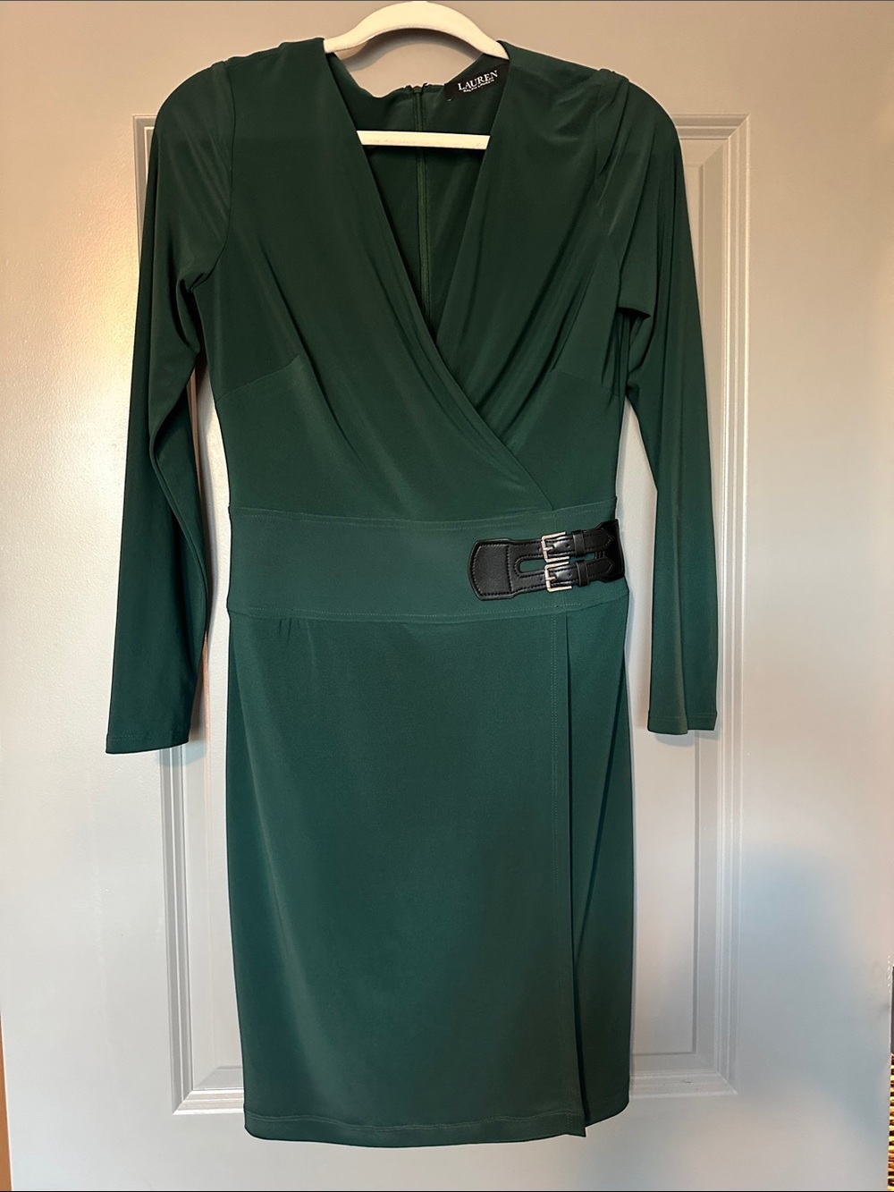 LAUREN Ralph Lauren Deep Green Long Sleeve Faux-Wrap Dress with Buckle Detail